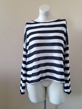 Eileen Fisher Organic Linen Striped Top Black & White Size M EUC​